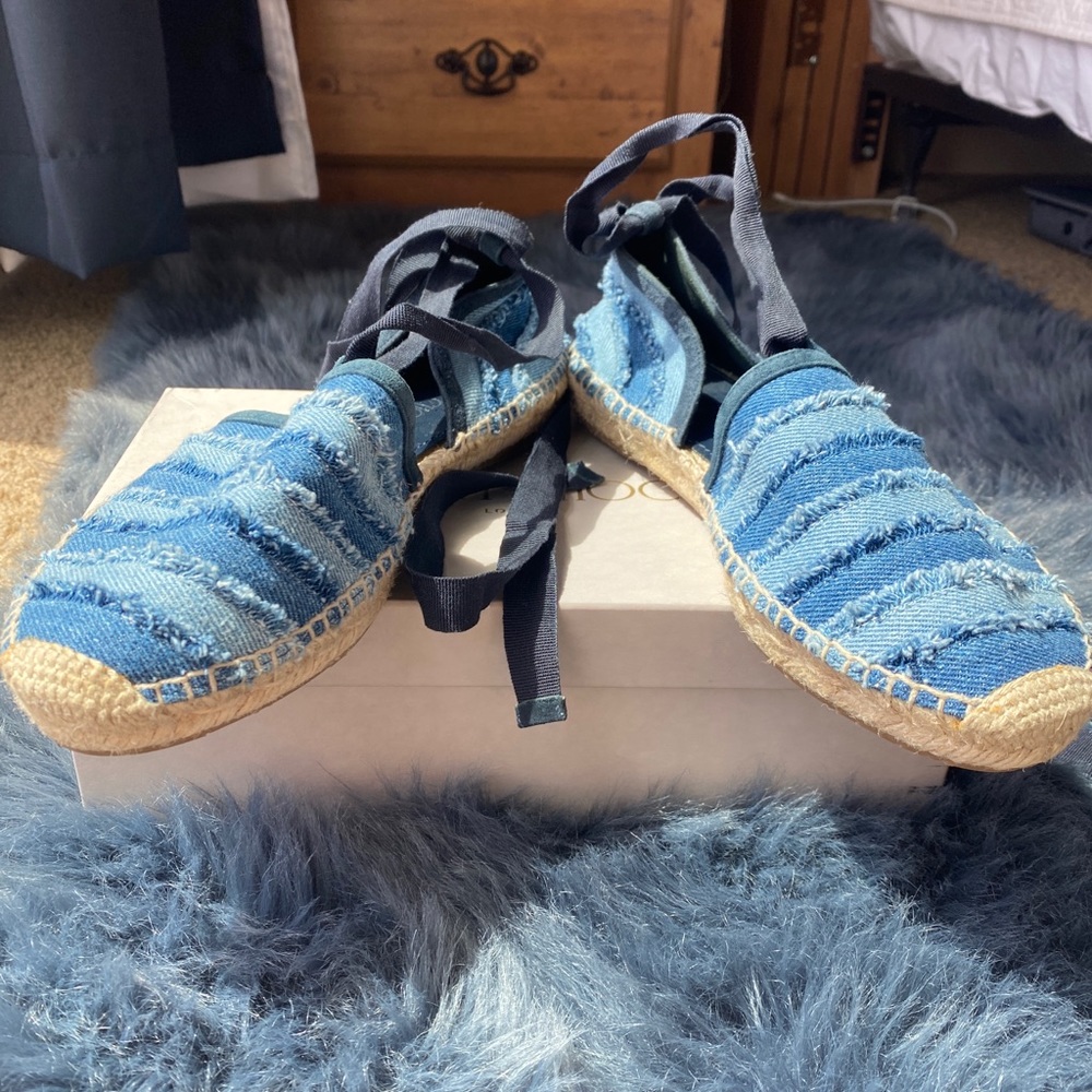 Blue beige denim Lace up Espadrilles sandals